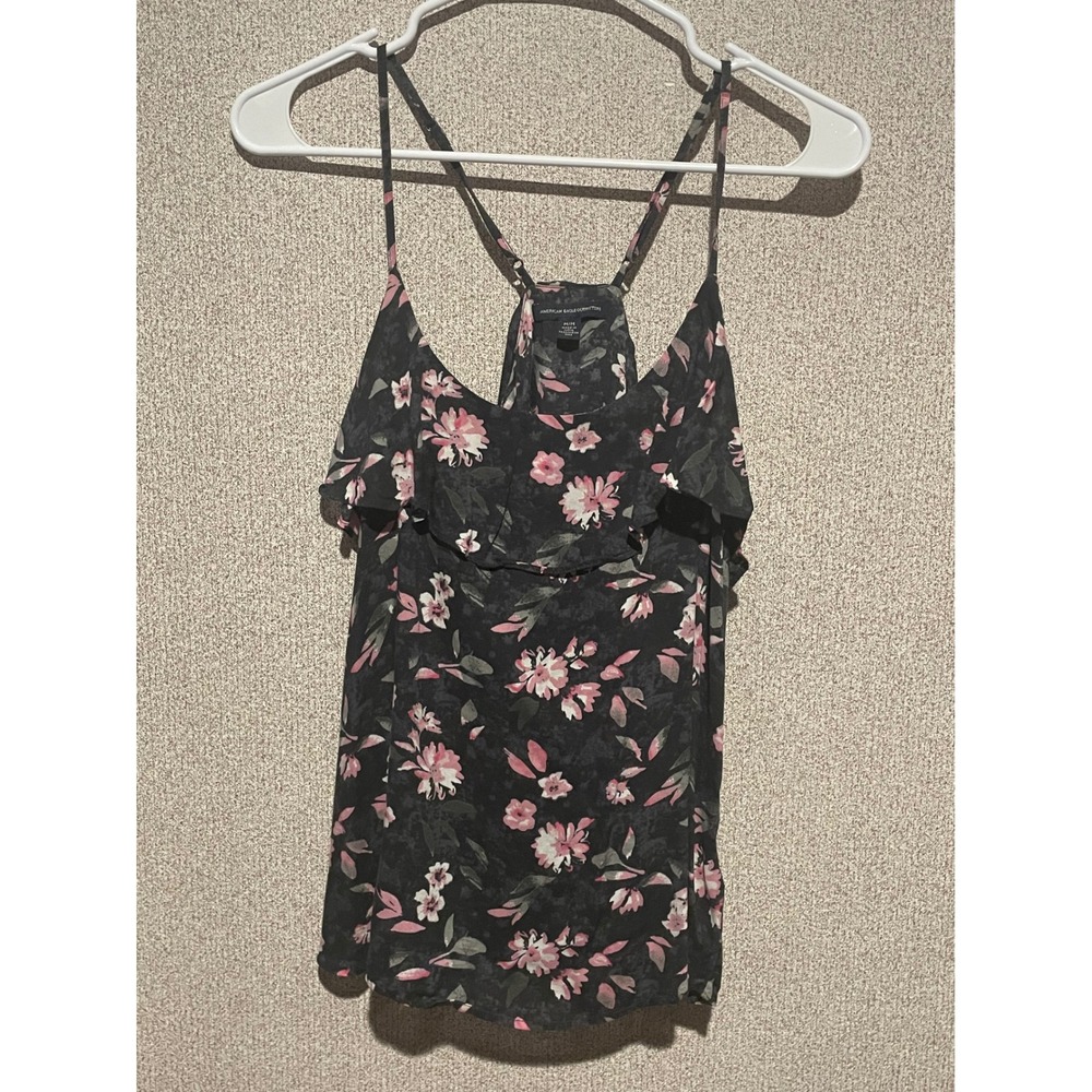 American Eagle Floral Cami Top Ruffle Sleeveless Black Pink Summer‎ Tank